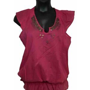 New Recruit Pink Size L Cap Sleeve 100% Cotton Blouse Brass Metal Disc Yoke Beac